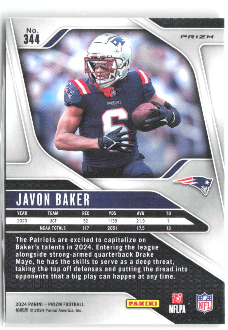 Javon Baker Panini Prizm - Lazer 344 2024 New England Patriots