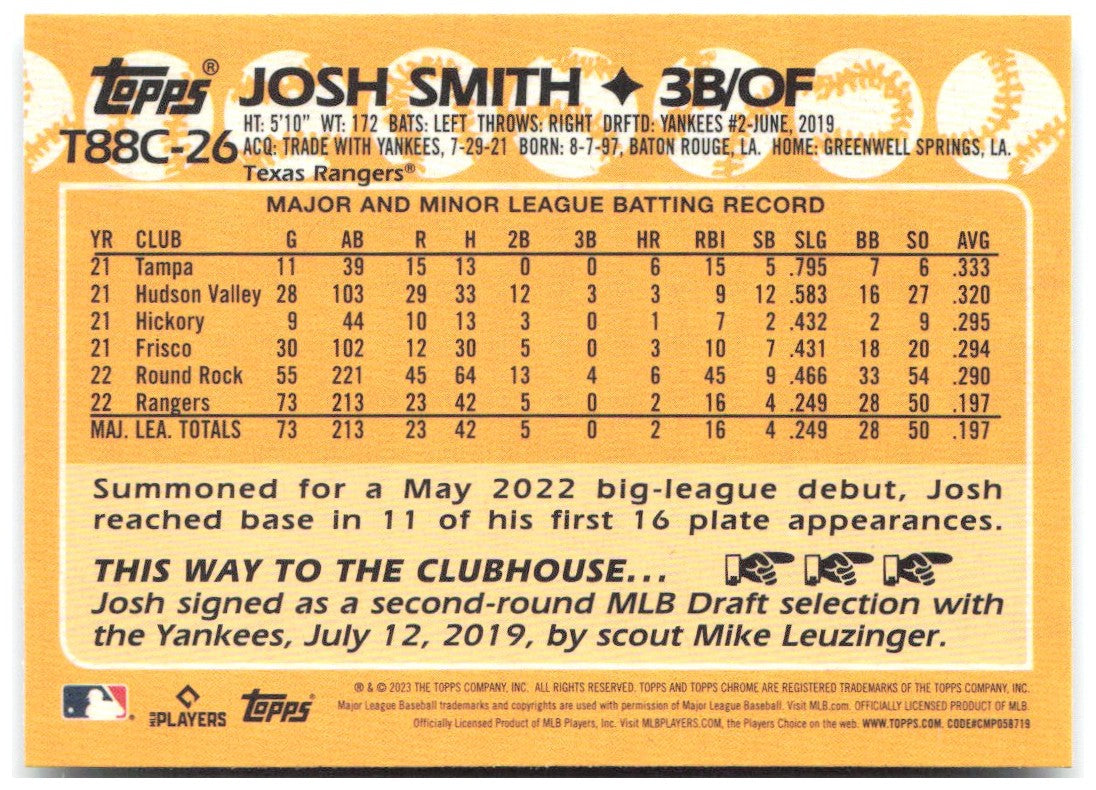 Josh Smith Topps - 1988 Topps 35th Anniversary Chrome T88C-26 2023 Rangers