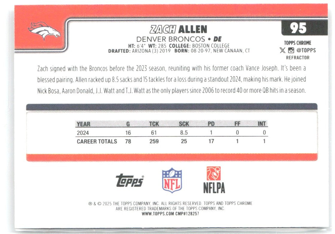 Zach Allen Topps Chrome - Refractor 95 2025 Denver Broncos