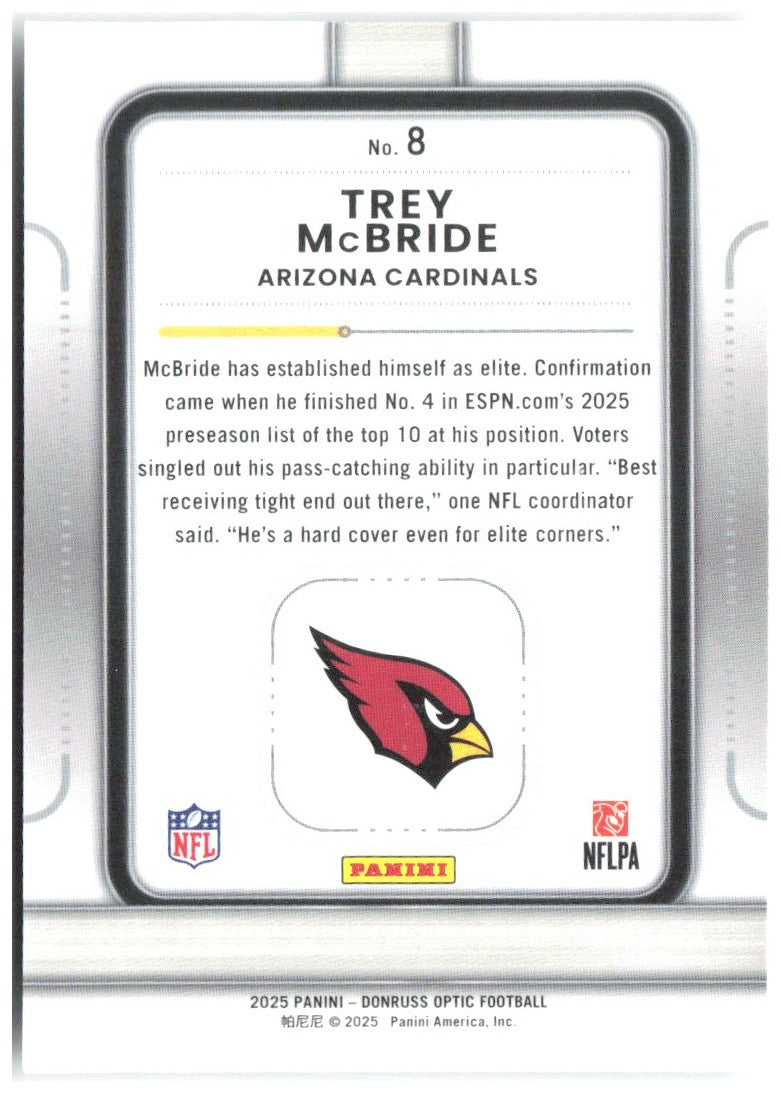 Trey McBride Donruss Optic - Play Action 8 2025 Arizona Cardinals