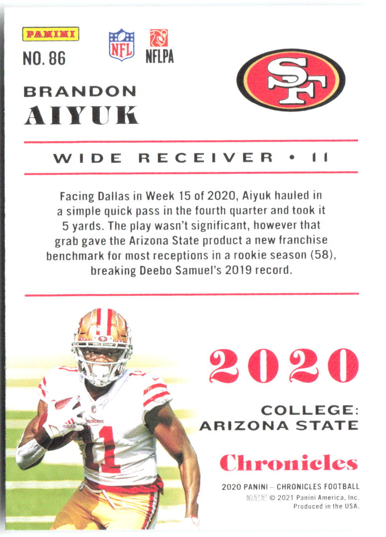 Brandon Aiyuk Panini Chronicles 86 2020 San Francisco 49ers RC