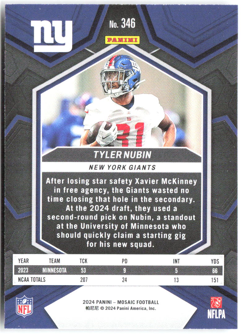 Tyler Nubin Panini Mosaic 346 2024 New York Giants RC