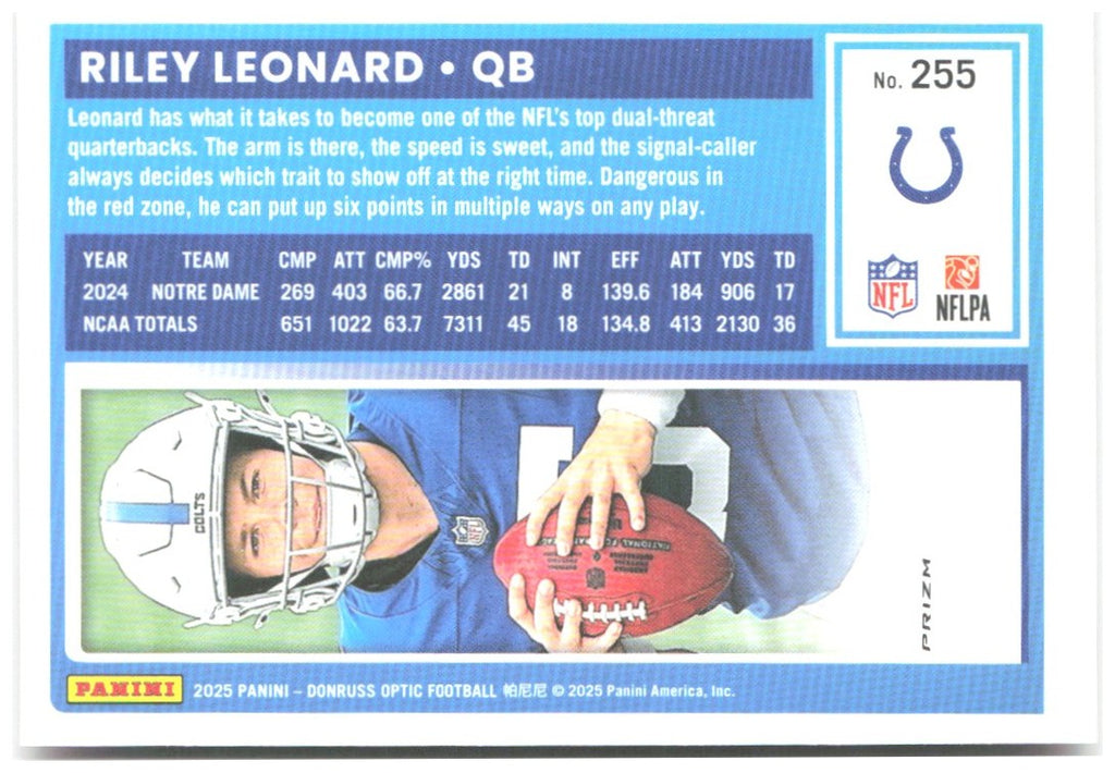 Riley Leonard Donruss Optic - Pink 255 2025 Indianapolis Colts