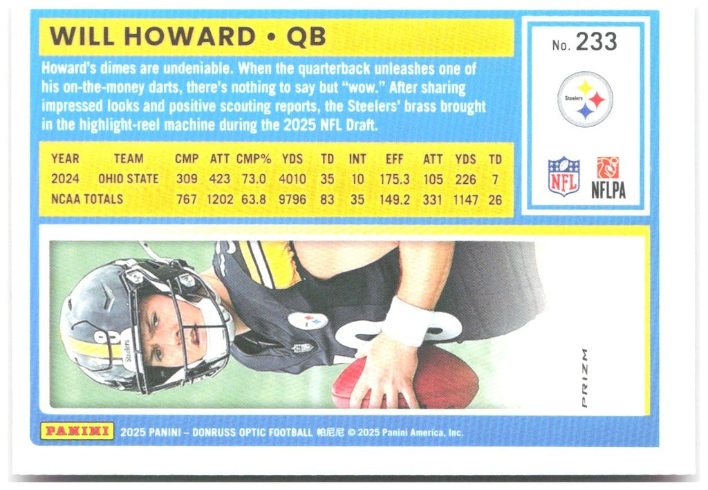 Will Howard Donruss Optic - Pink 233 2025 Pittsburgh Steelers