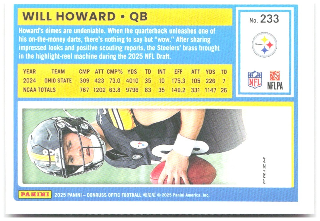 Will Howard Donruss Optic - Pink 233 2025 Pittsburgh Steelers