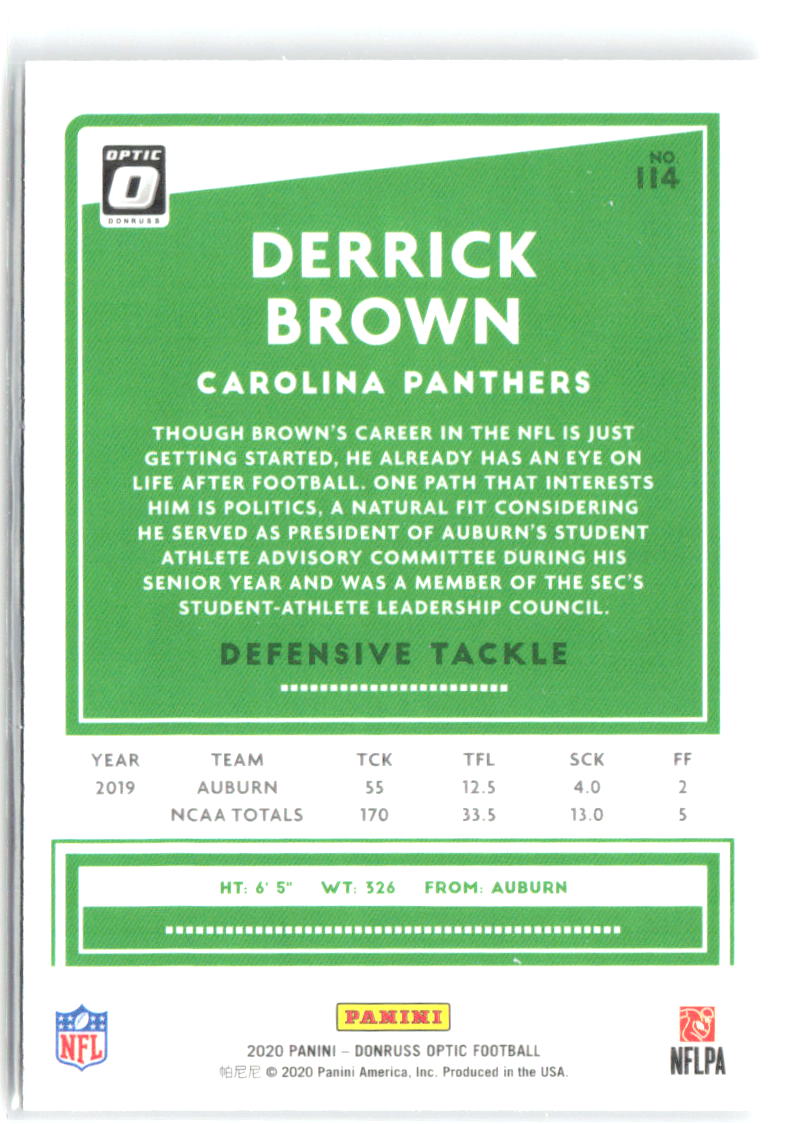 Derrick Brown Donruss Optic 114 2020 Carolina Panthers RC