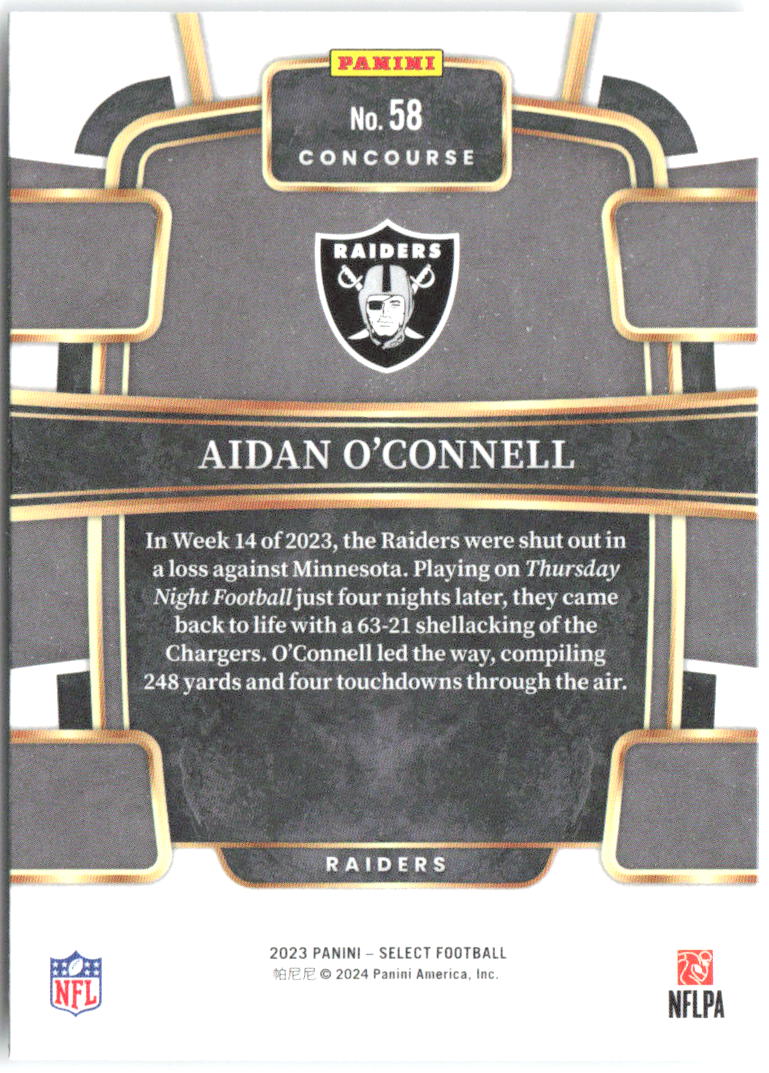 Aidan O'Connell Panini Select 58 2023 Las Vegas Raiders RC