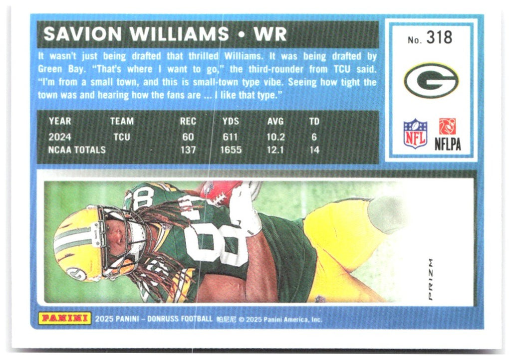Savion Williams Donruss - Optic Rated Rookies Pink 318 2025 Green Bay Packers