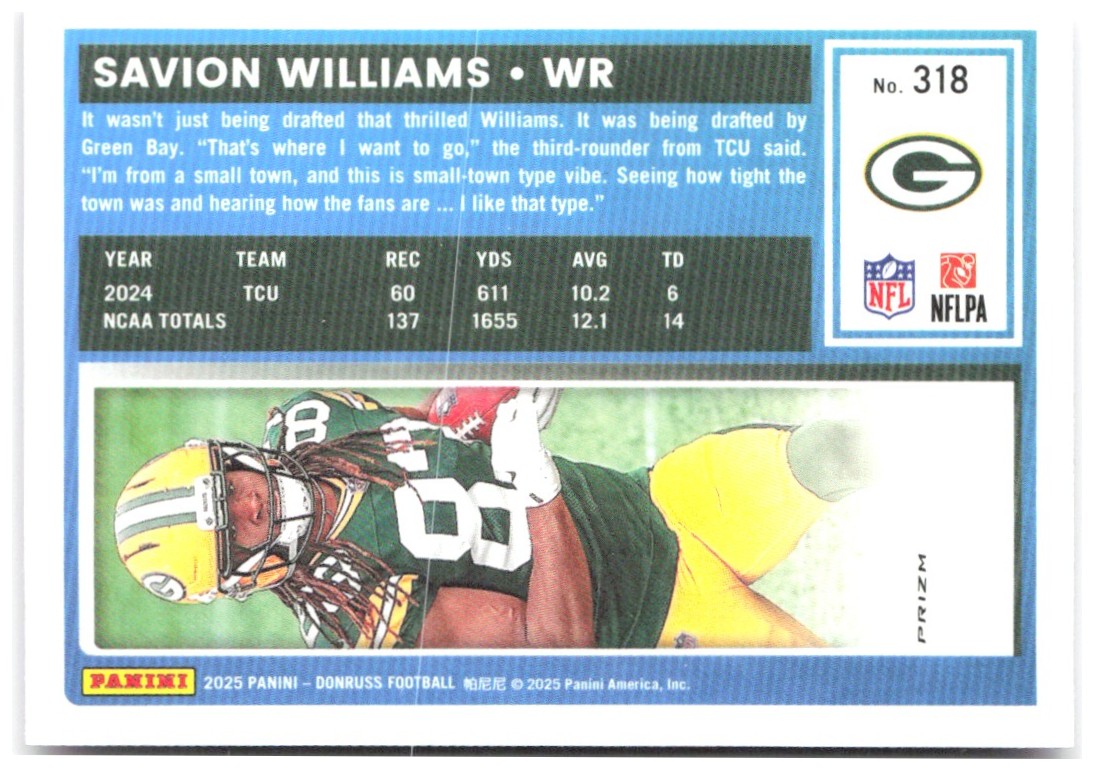 Savion Williams Donruss - Optic Rated Rookies Pink 318 2025 Green Bay Packers