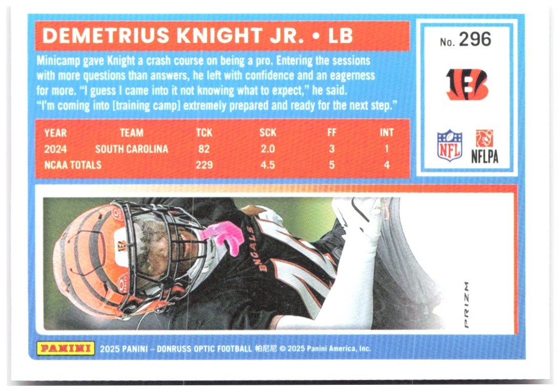 Demetrius Knight Jr. Donruss Optic - Pink 296 2025 Cincinnati Bengals