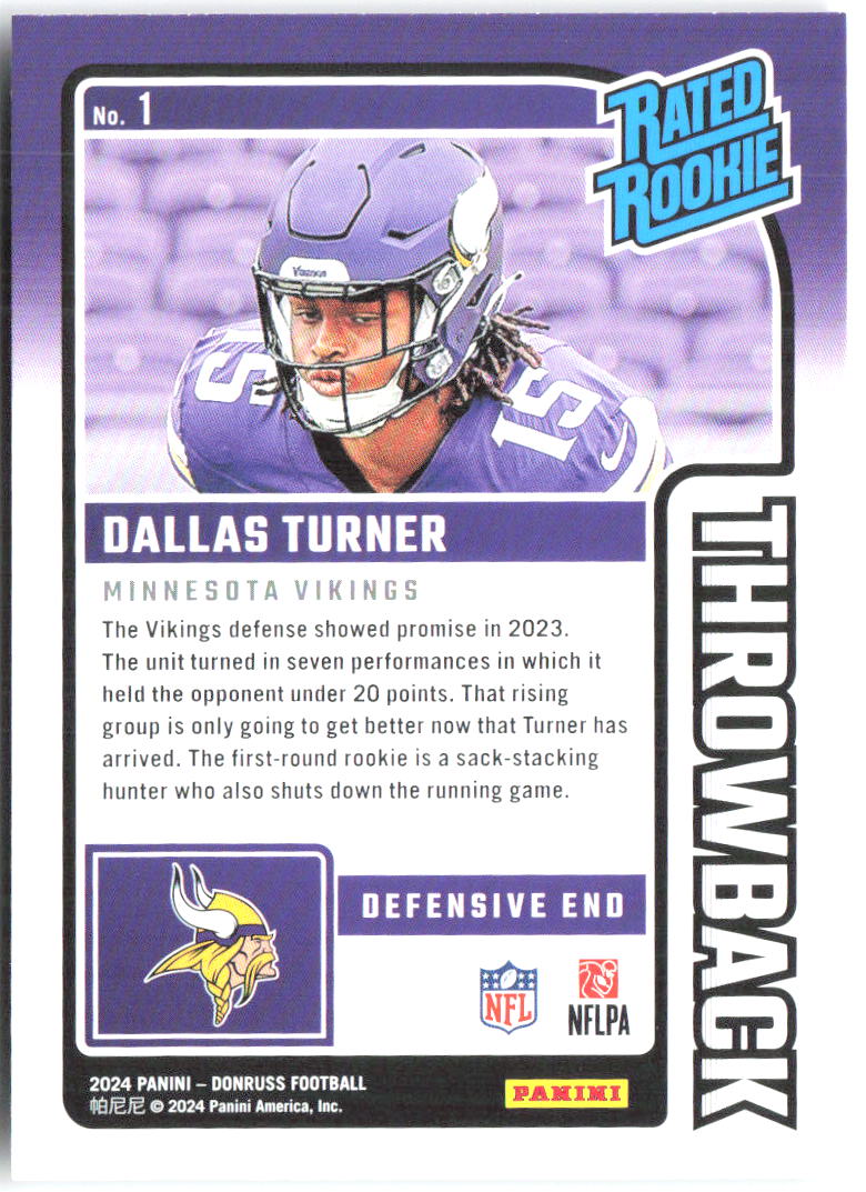 Dallas Turner Donruss - Rated Rookies Throwback 1 2024 Minnesota Vikings
