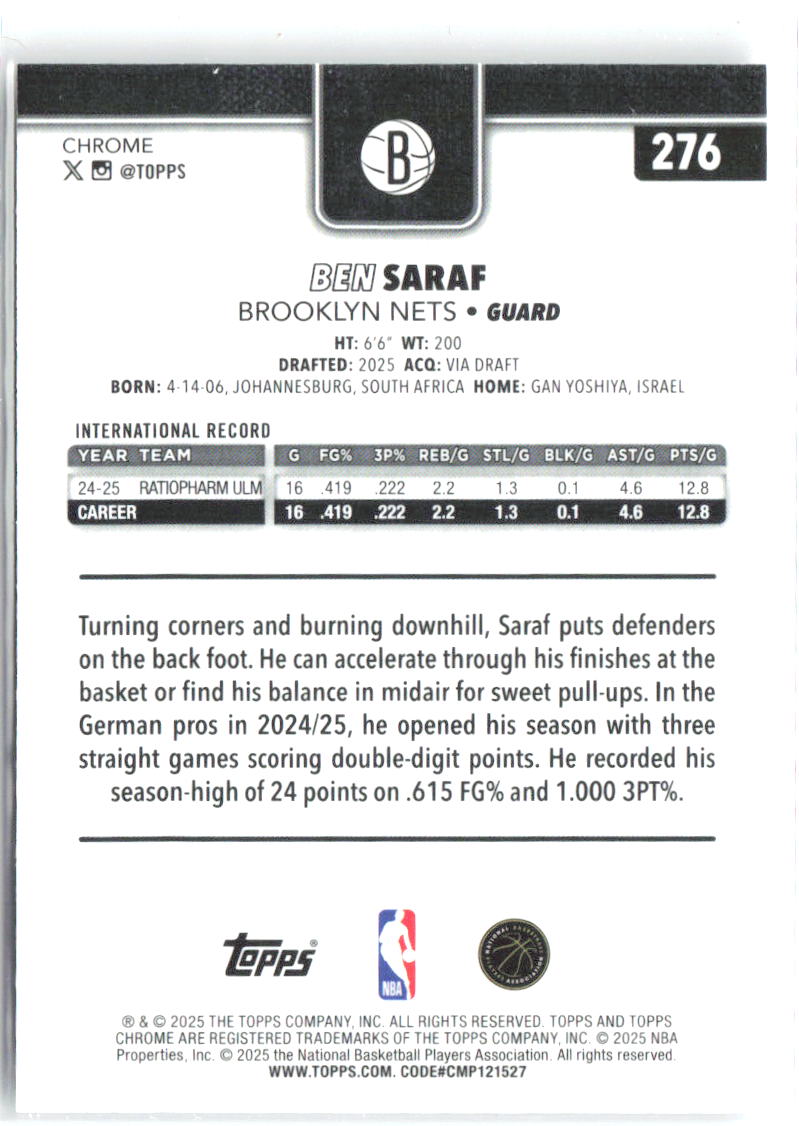 Ben Saraf Topps Chrome 276 2025-26 Brooklyn Nets RC