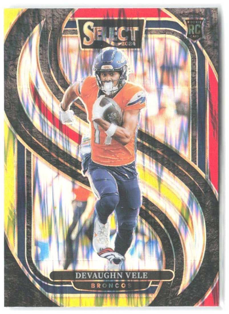Devaughn Vele Panini Select - Red & Yellow Prizm Shock 150 2024 Denver Broncos