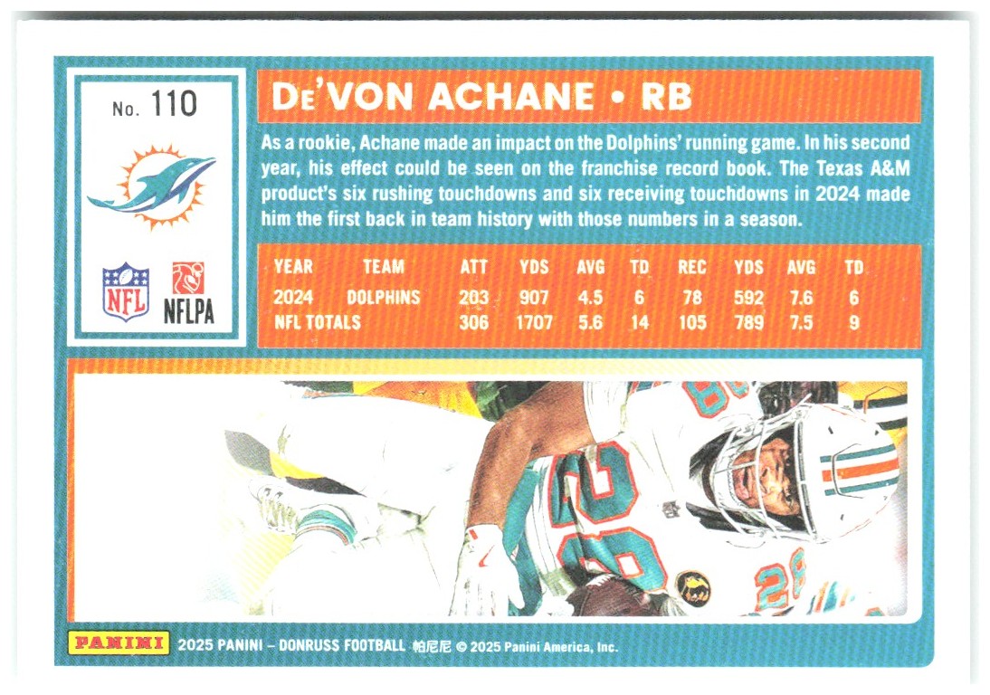 De’Von Achane Donruss - Press Proofs Green 110 2025 Miami Dolphins