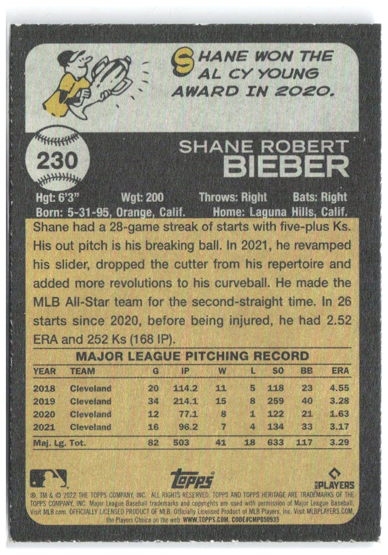 Shane Bieber Topps Heritage - Chrome Blue Sparkle 230 2022 Cleveland Guardians