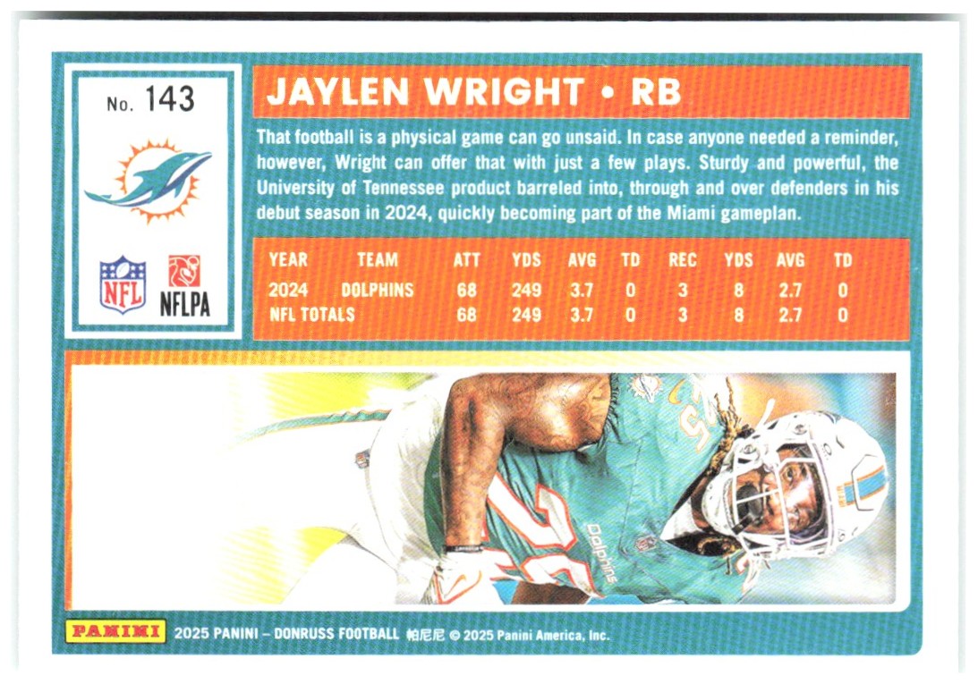 Jaylen Wright Donruss - Press Proofs Green 143 2025 Miami Dolphins