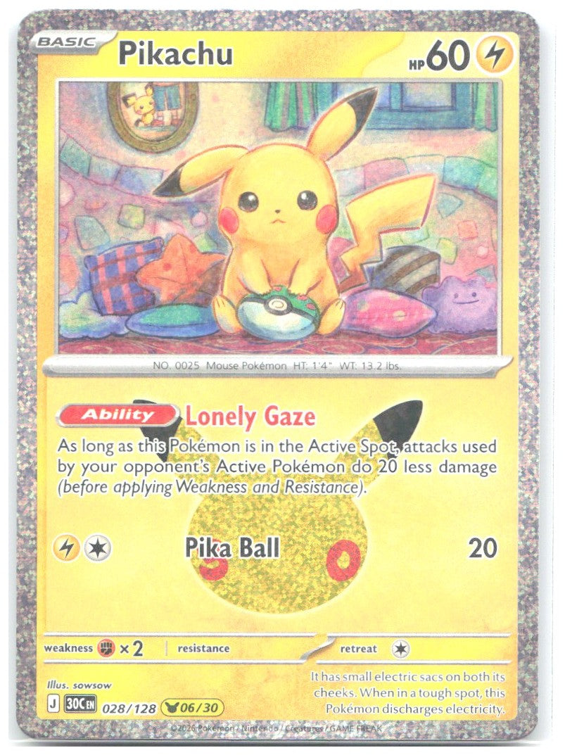 Pikachu Holo Pikachu Rare ME 30th Celebration 028/128 NM sowsow