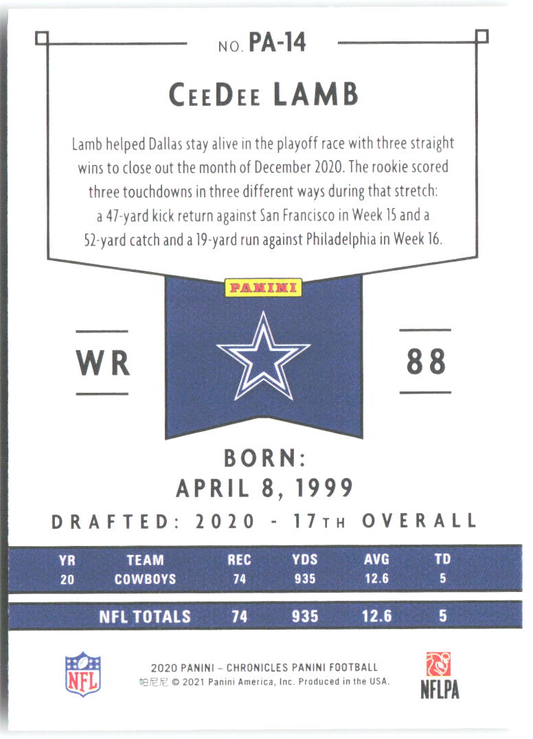 CeeDee Lamb Panini Chronicles - Panini PA-14 2020 Dallas Cowboys