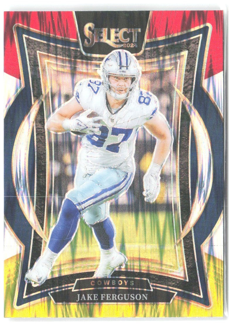 Jake Ferguson Panini Select - Red & Yellow Prizm Shock 64 2024 Dallas Cowboys