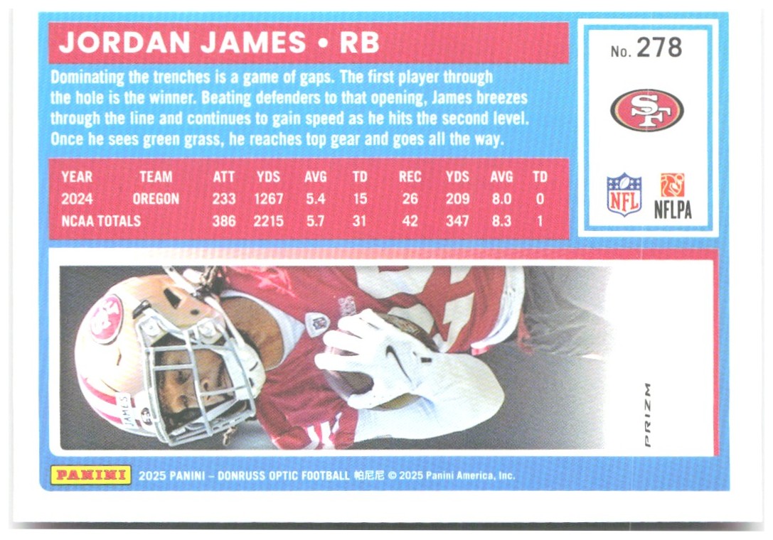 Jordan James Donruss Optic - Pink 278 2025 San Francisco 49ers
