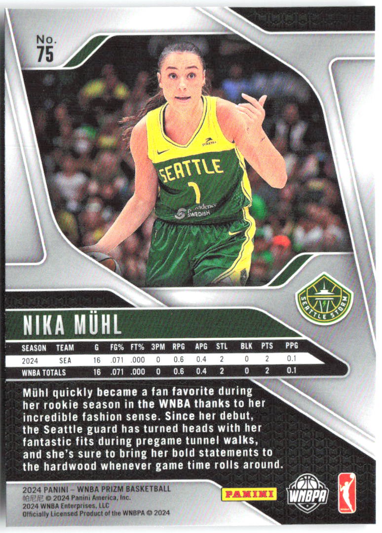 Nika Muhl Panini Prizm WNBA 75 2024 Seattle Storm RC