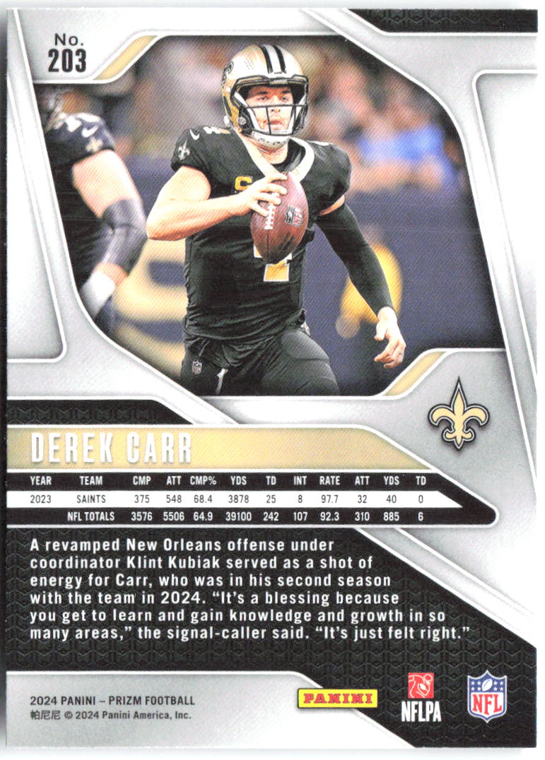 Derek Carr Panini Prizm 203 2024 New Orleans Saints