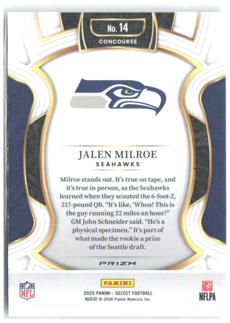 Jalen Milroe Panini Select - Green and Red Prizm Shock 14 2025 Seattle Seahawks