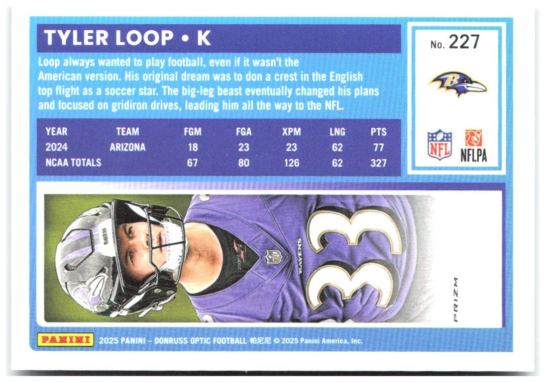 Tyler Loop Donruss Optic - Purple Shock 227 2025 Baltimore Ravens