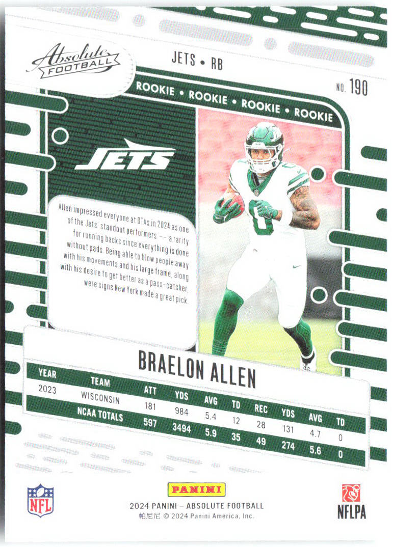Braelon Allen Panini Absolute - Retail 190 2024 New York Jets RC