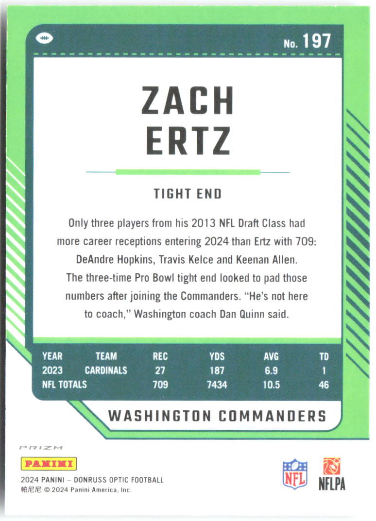 Zach Ertz Donruss Optic - Holo 197 2024 Washington Commanders