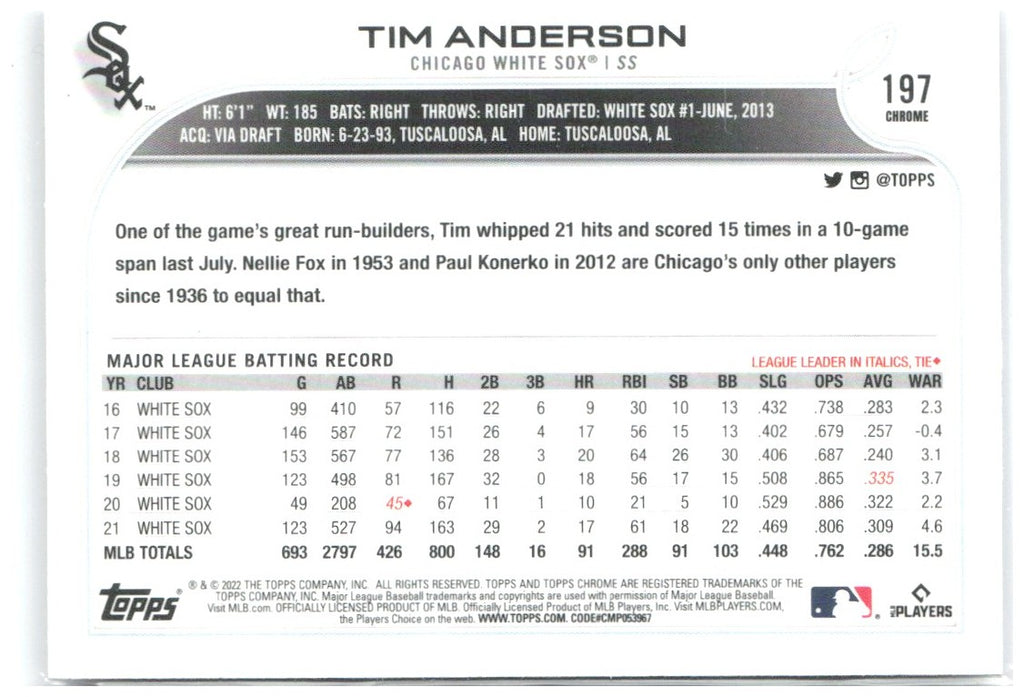 Tim Anderson Topps Chrome - Prism Refractor 197 2022 Chicago White Sox