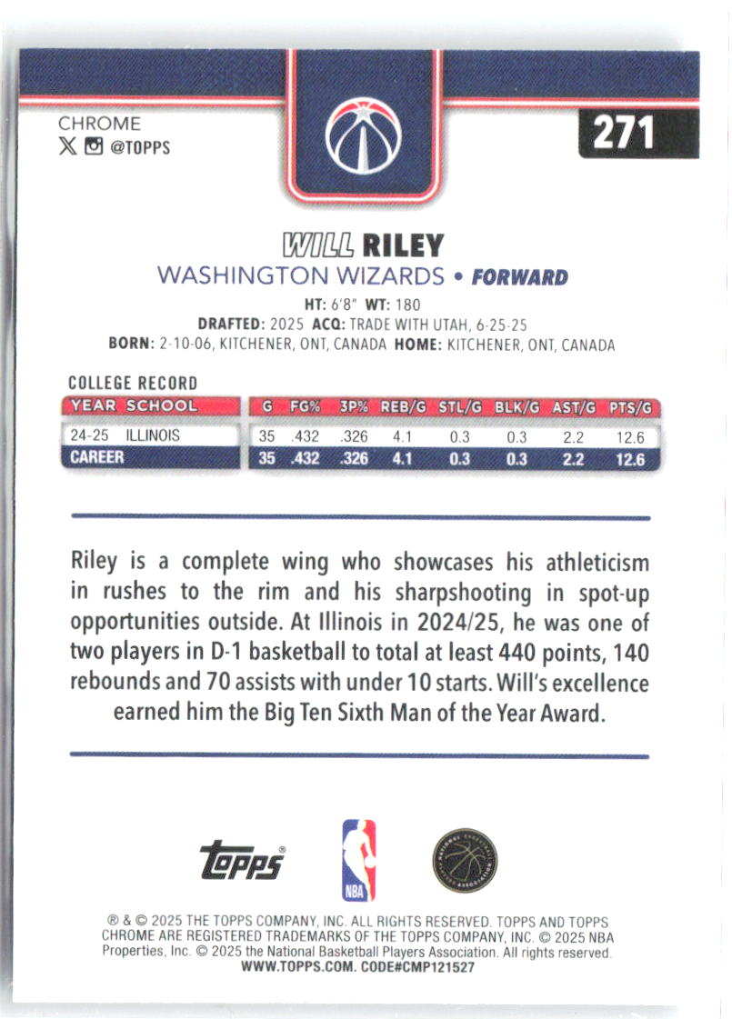 Will Riley Topps Chrome 271 2025-26 Washington Wizards RC