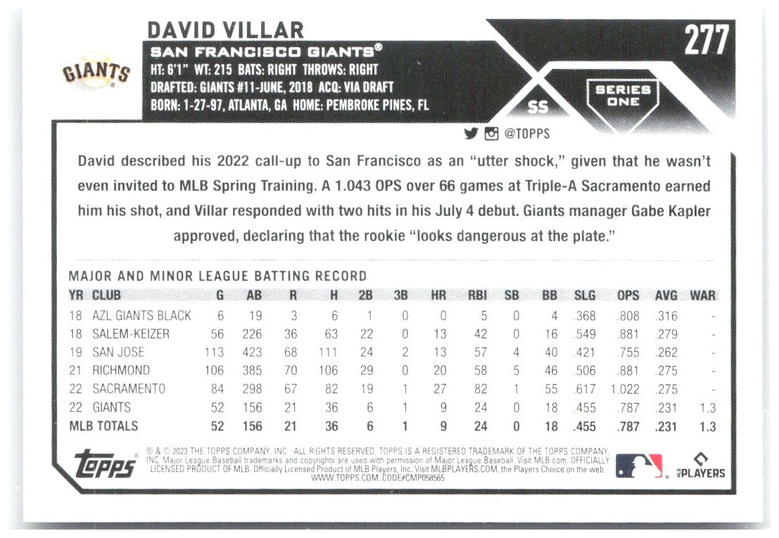 David Villar Topps 277 2023 San Francisco Giants RC