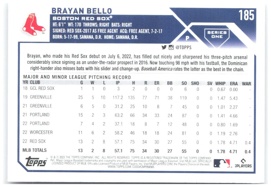 Brayan Bello Topps 185 2023 Boston Red Sox RC