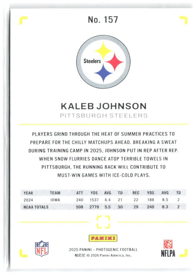 Kaleb Johnson Panini Photogenic 157 2025 Pittsburgh Steelers RC