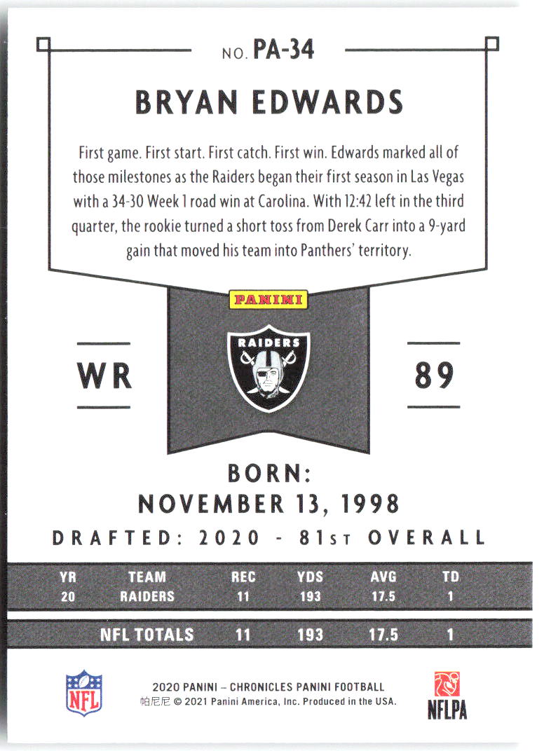 Bryan Edwards Panini Chronicles - Panini PA-34 2020 Las Vegas Raiders