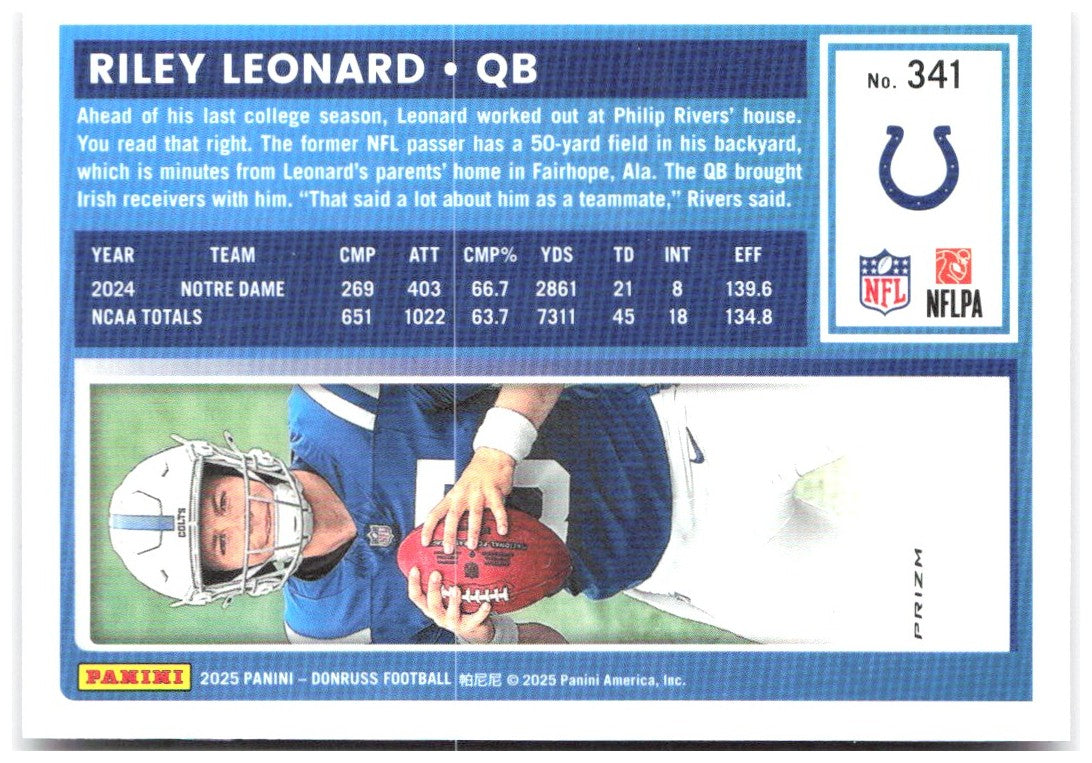 Riley Leonard Donruss - Optic Rated Rookies Pink 341 2025 Indianapolis Colts