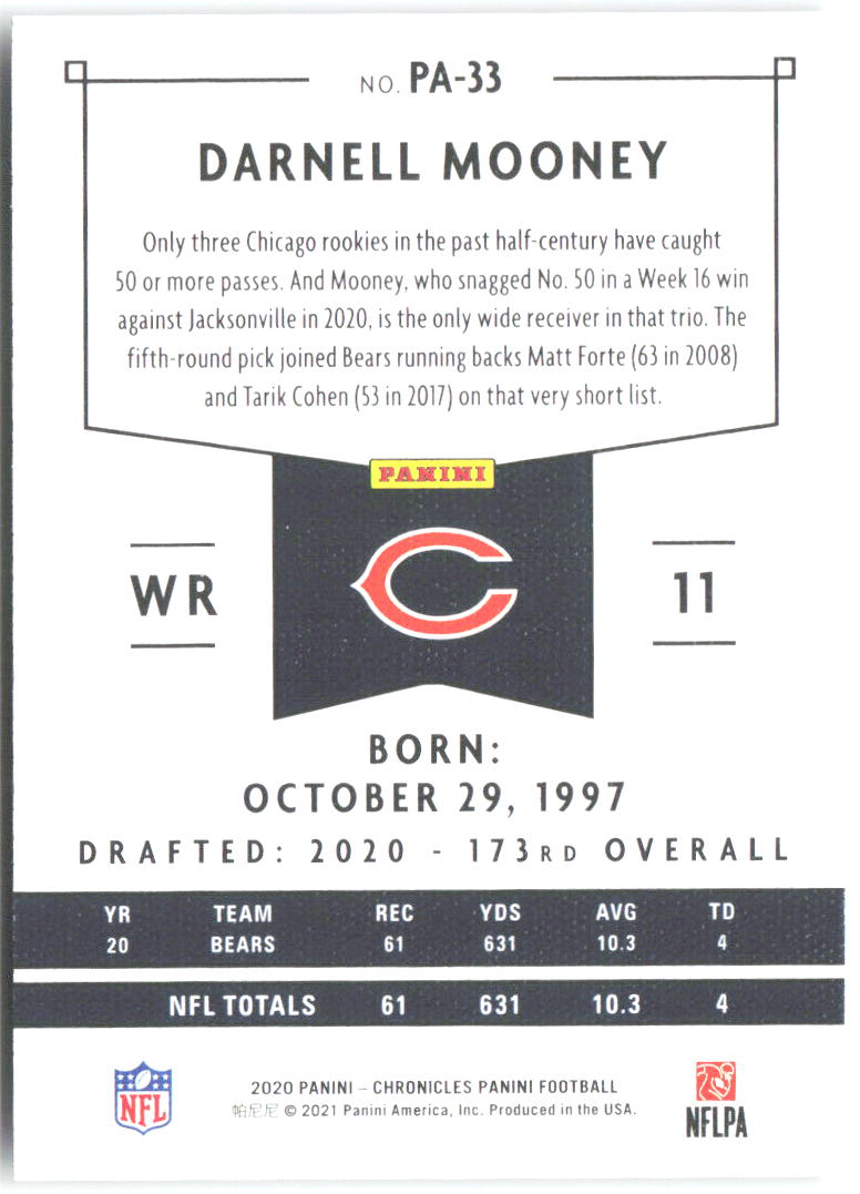 Darnell Mooney Panini Chronicles - Panini PA-33 2020 Chicago Bears