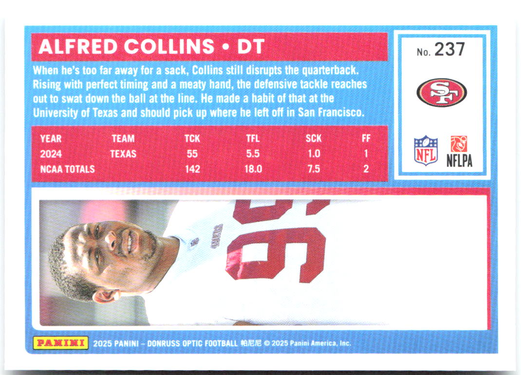 Alfred Collins Donruss Optic 237 2025 San Francisco 49ers RC