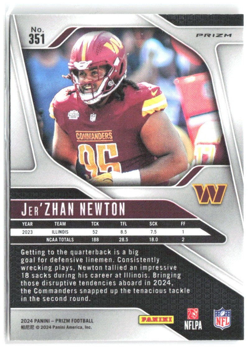 Jer'Zhan Newton Panini Prizm - Lazer 351 2024 Washington Commanders