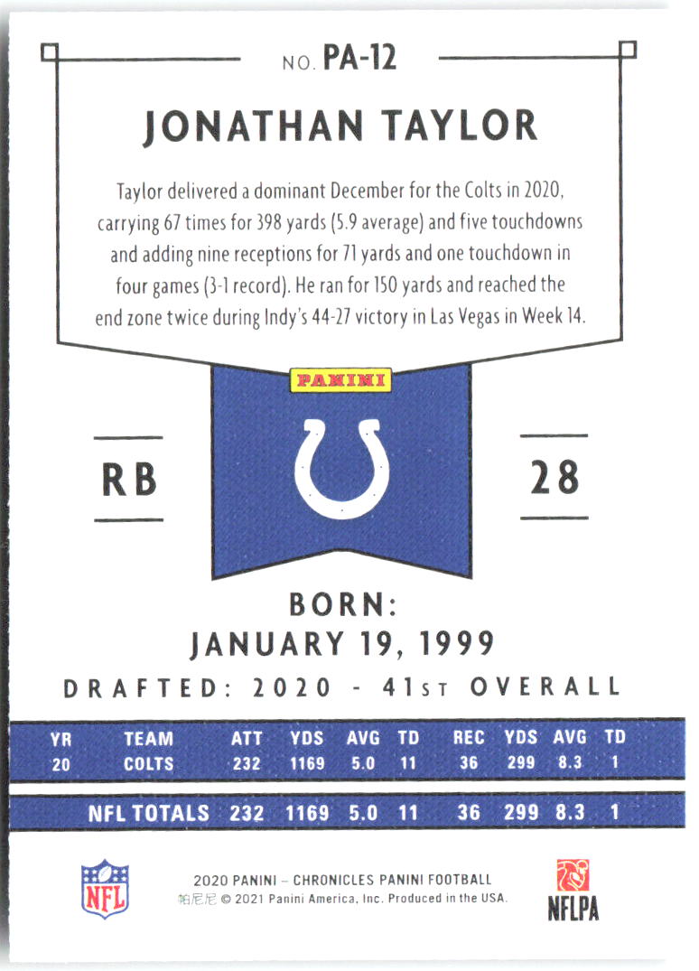 Jonathan Taylor Panini Chronicles - Panini Pink PA-12 2020 Indianapolis Colts