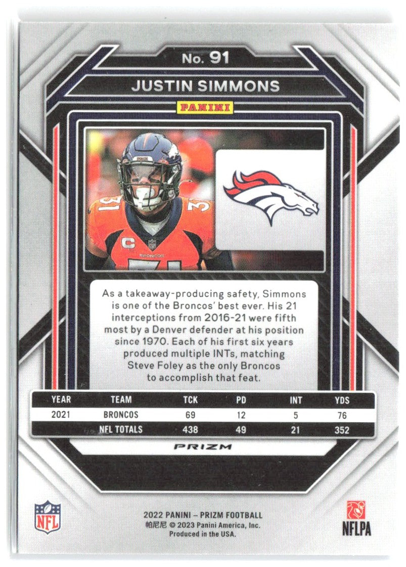 Justin Simmons Panini Prizm - Red White and Blue 91 2022 Denver Broncos