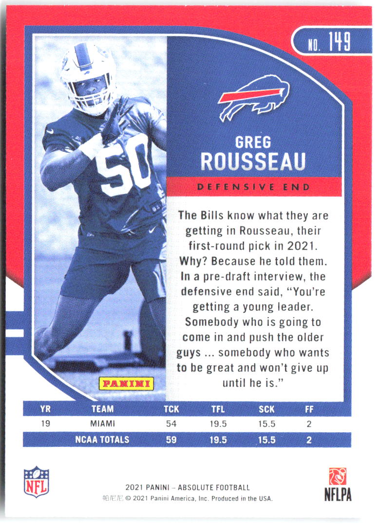 Greg Rousseau Panini Absolute - Retail 149 2021 Buffalo Bills RC