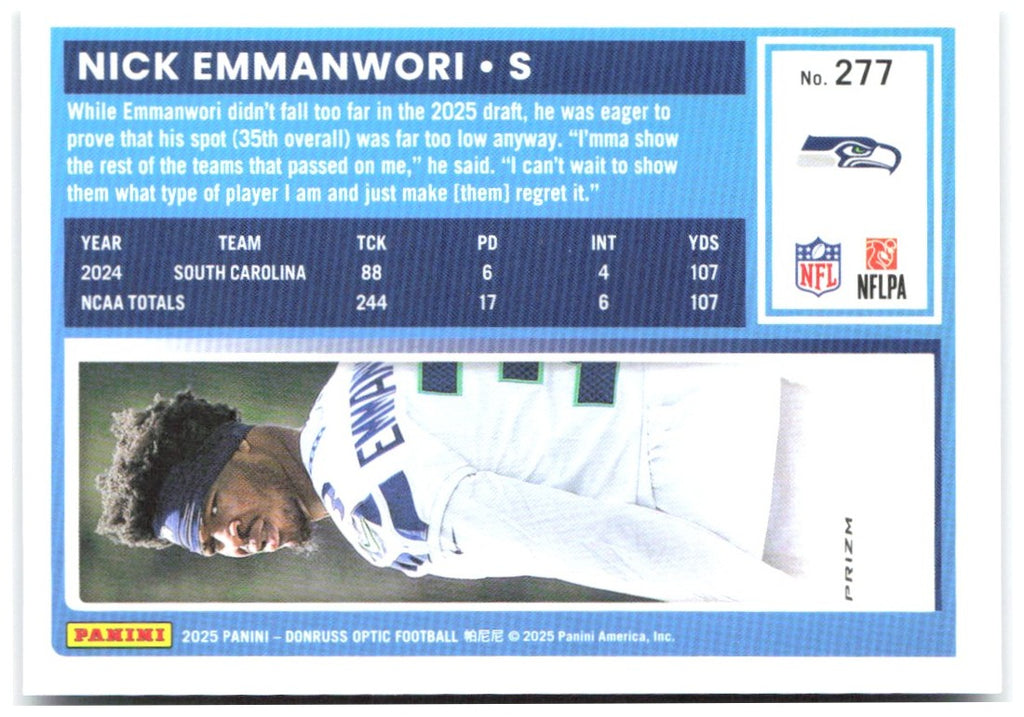 Nick Emmanwori Donruss Optic - Purple Shock 277 2025 Seattle Seahawks