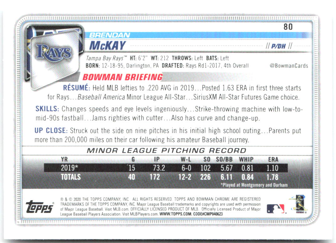 Brendan McKay Bowman Chrome 80 2020 Tampa Bay Rays RC