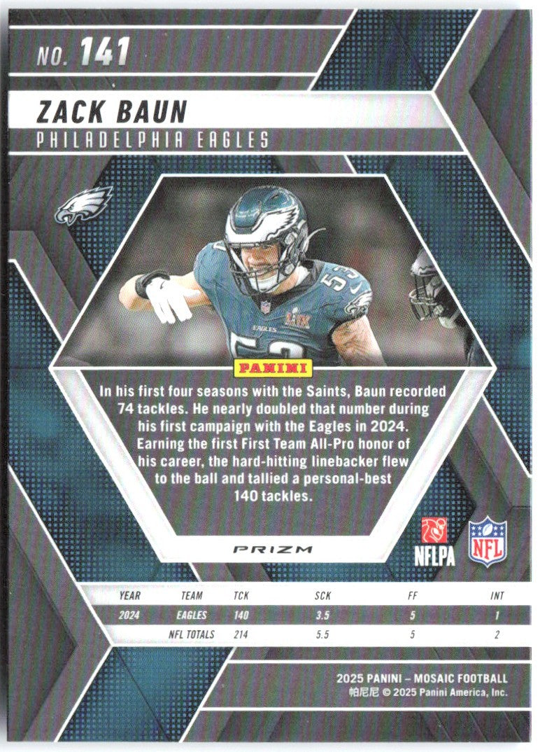 Zack Baun Panini Mosaic - Mosaic Reactive Blue 141 2025 Philadelphia Eagles