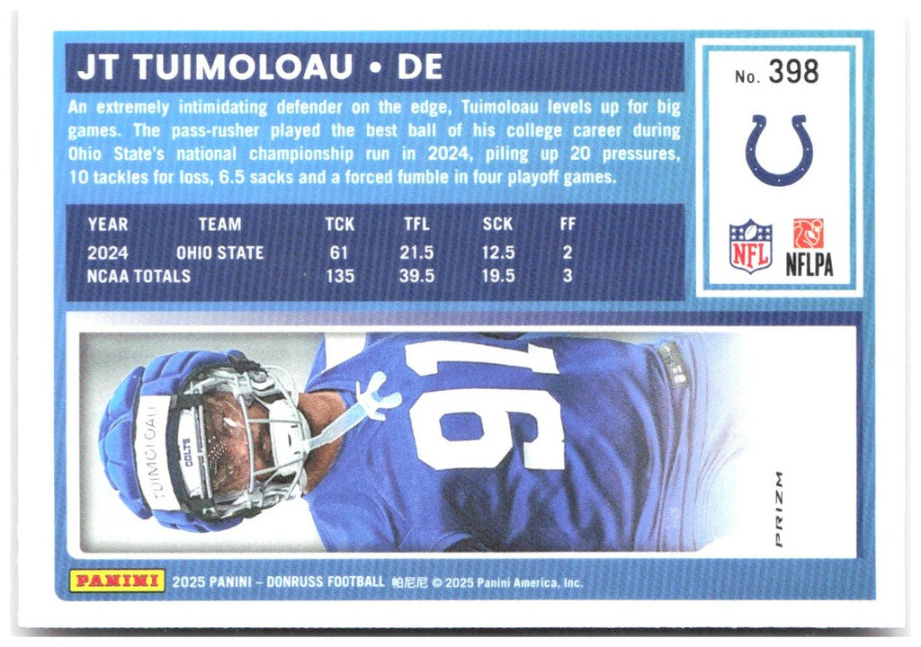 JT Tuimoloau Donruss - Optic Rated Rookies Pink 398 2025 Indianapolis Colts