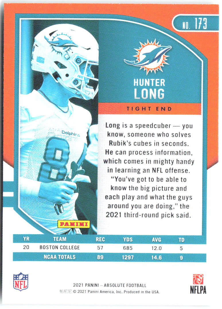 Hunter Long Panini Absolute - Retail 173 2021 Miami Dolphins RC