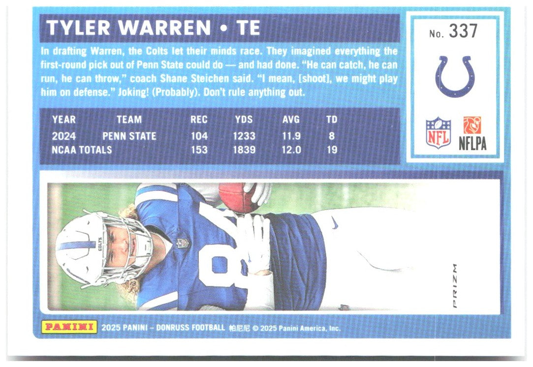 Tyler Warren Donruss - Optic Rated Rookies Pink 337 2025 Indianapolis Colts