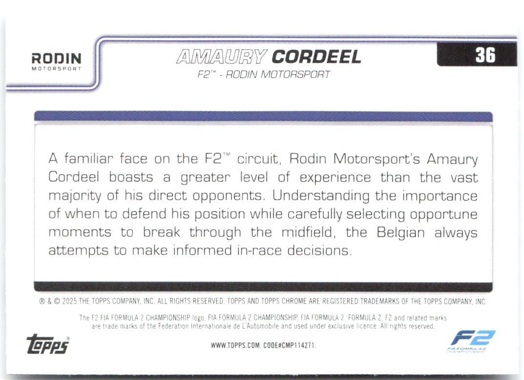 Amaury Cordeel Topps Chrome Formula 1 36 2025 Rodin Motorsport